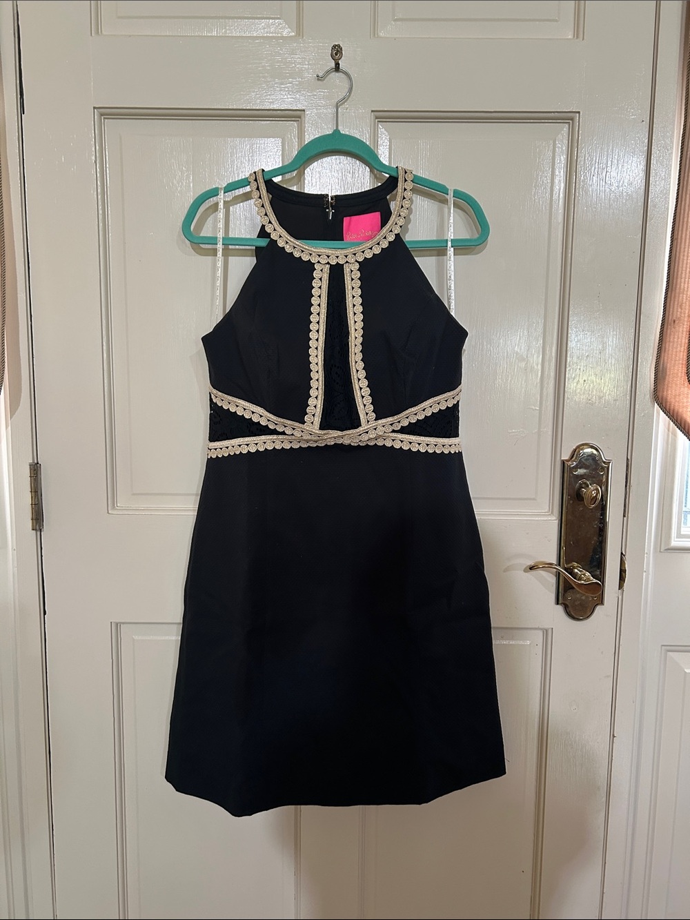Lilly Pulitzer Black Dress with gold Trim Halter A-line size 12 large